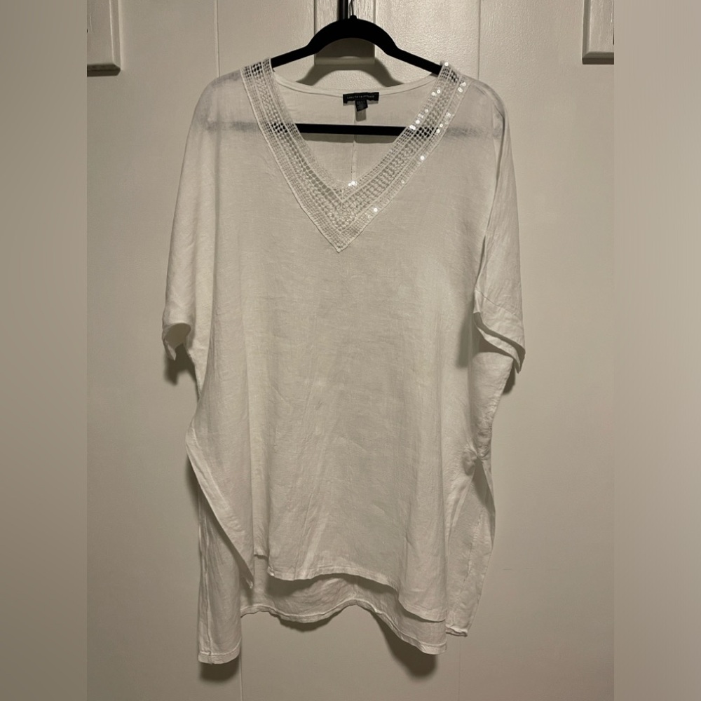 Saks Fifth Ave. White Women’s Linen V Neck Sequined Tunic SZ M